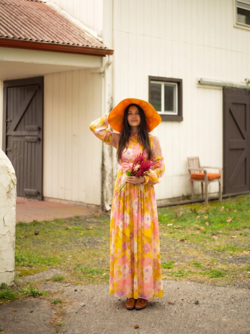 60s Mod Peach Floral Bishop Sleeve Gown